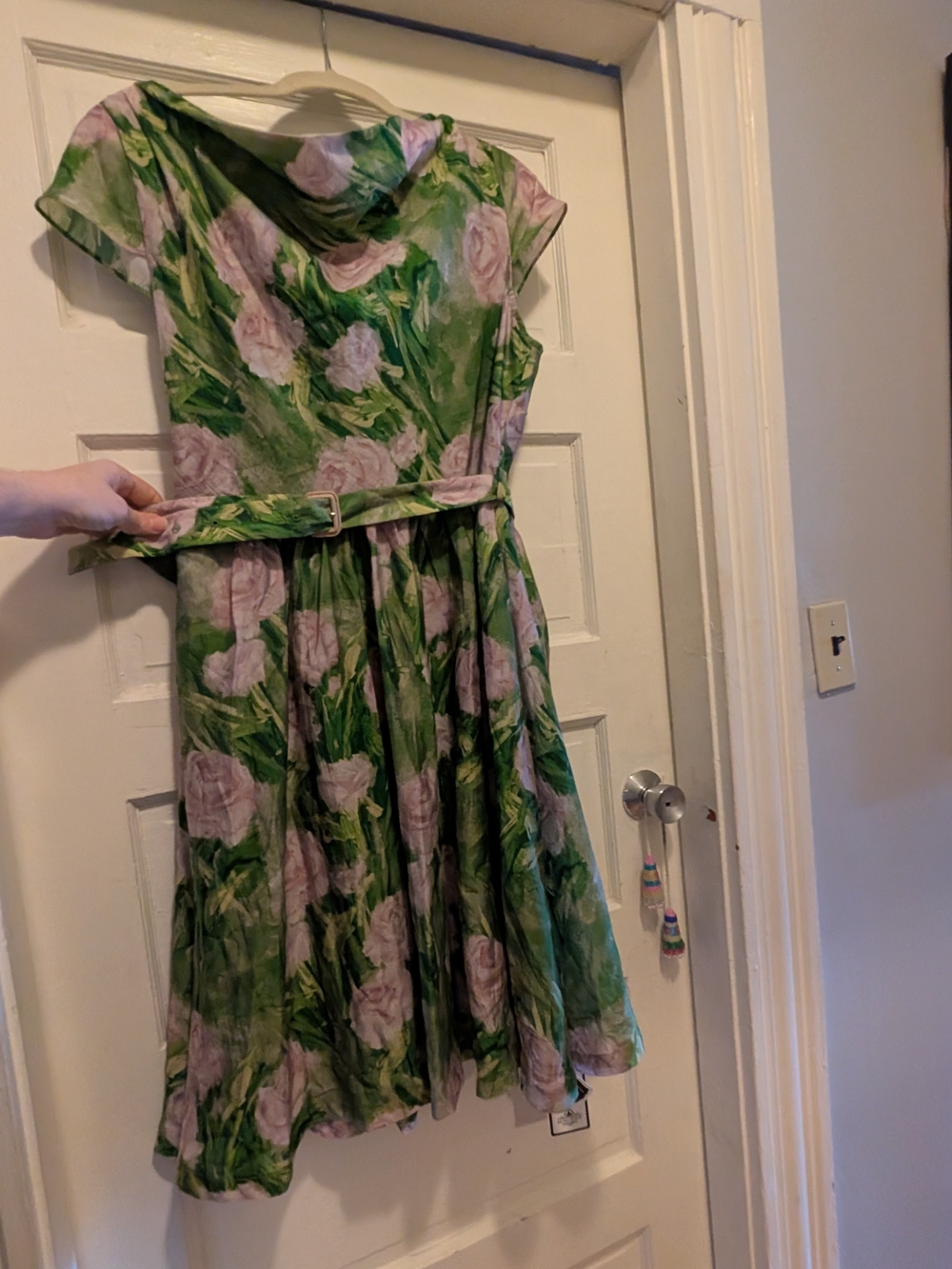 Green Romantic Fit-and-Flare Dress with Belt, Size Large, Retro Stage